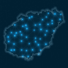 Poster - Hainan network map. Abstract geometric map of the island. Digital connections and telecommunication design. Glowing internet network. Captivating vector illustration.