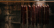 Traditional smokehouse. Traditional food. Smoked sausages meat. Sausages smoke in a smokehouse. Long banner format