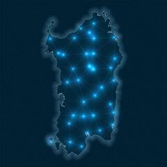 Poster - sardinia network map. abstract geometric map of the island. digital connections and telecommunicatio