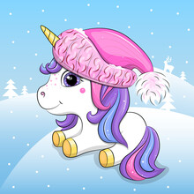 Cute Cartoon Unicorn Wearing A Pink Hat. Winter Vector Illustration With Snow.