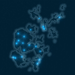 Poster - Orkney Islands network map. Abstract geometric map of the island. Digital connections and telecommunication design. Glowing internet network. Captivating vector illustration.
