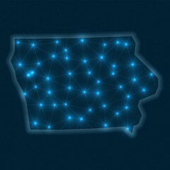 Poster - Iowa network map. Abstract geometric map of the US state. Digital connections and telecommunication design. Glowing internet network. Elegant vector illustration.