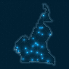 Poster - Cameroon network map. Abstract geometric map of the country. Digital connections and telecommunication design. Glowing internet network. Powerful vector illustration.