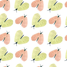 Seamless Watercolor Natural Pattern With Pink And Green Butterflies On White Background