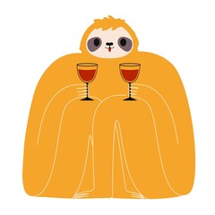 Wall Mural - Vector illustration with sloth and glasses of red wine. Cute and funny colored print design with animal and alcohol