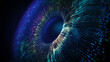 Blue and azure colored lines after a blast scattering out of a bright circle and forming volumetric human blue eye model. Human iris of the eye concept. 3d rendering animated abstract background in 4K