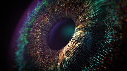human multicolored iris of the eye animation concept. rainbow lines after a flash scatter out of a b