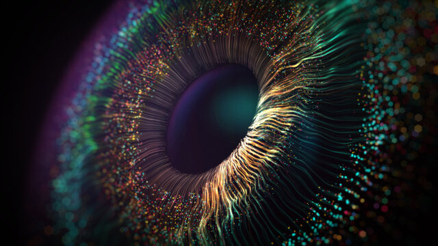 human multicolored iris of the eye animation concept. rainbow lines after a flash scatter out of a b
