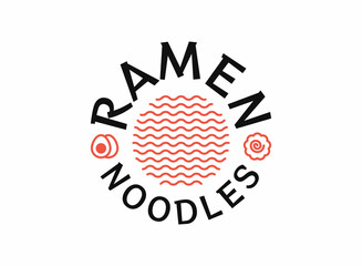 Ramen noodles logo in circle with boiled eggs and narutomaki icon for asian restaurant. Ramen soup bowl logo in thin line style. Japanese food symbol for cafe, food delivery, store, menu collection