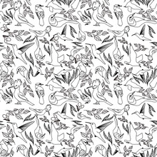 Seamless Animalistic Pattern With Birds And Leaves On A White Background In Doodle Technique Vector Illustration 