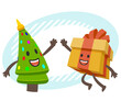 Give me high-five! Cartoon New Year or Christmas Tree Character and Gift Box Character giving high-five