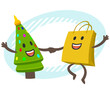 Let's go shopping! Cartoon New Year or Christmas Tree Character and Shopping Bag Character dancing. Shopping sale theme