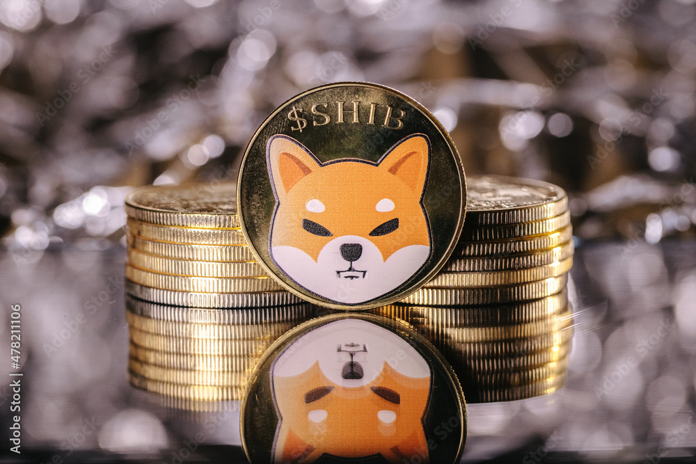 Shiba Inu cryptocurrency, physical coin in front of an abstract background