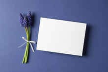 Invitation Or Greeting Card Mockup With Spring Blue Muscari Flowers Bouquet