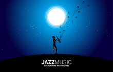 Vector Silhouette Of Saxophonist Under The Moon. Background Concept For Music For Natural And Spring Time.