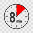 Clock icon with 8 minute time interval. Countdown timer or stopwatch symbol. Infographic element for cooking or sport game isolated on transparent background. Vector flat illustration.