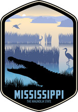 Mississippi Vector Label With Crocodile Alligator And Wetland River