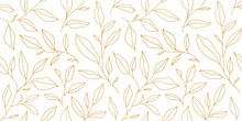 Seamless Pattern With One Line Leaves. Vector Floral Background In Trendy Minimalistic Linear Style.