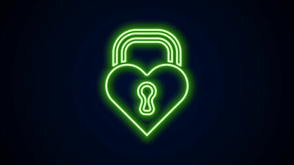 Poster - Glowing neon line Castle in the shape of a heart icon isolated on black background. Locked Heart. Love symbol and keyhole sign. Happy Valentines day. 4K Video motion graphic animation
