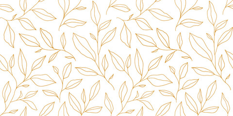 Seamless pattern with one line leaves. Vector floral background in trendy minimalistic linear style.