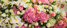 Various Flowers Background, Panoramic Top View Of Fresh Orchids, Roses And Other Flowers