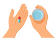 Hands holding pills and glass of water in hands. vector illustration