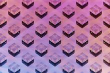 3d Illustration Of Rows Of  Pink  Squares .Set Of Cubes On Monocrome Background, Pattern. Geometry  Background