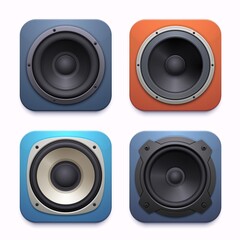 Poster - Sound speaker app icon, audio music system or player, vector loudspeaker. Acoustic sound speaker or stereo subwoofer and DJ boombox radio amplifier application icon for mobile phone interface