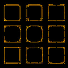 Art Deco Vintage Frames And Borders With Gold Line Ornaments On Black Background. Elegant Geometric Vector Frames With Decorative Corners And Border Lines, Ornate Invitation Or Greeting Card