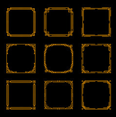 Poster - Art deco vintage frames and borders with gold line ornaments on black background. Elegant geometric vector frames with decorative corners and border lines, ornate invitation or greeting card
