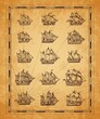 Vintage map sail ships, sailboat, brigantine sketch. Vector engraved sea vessels on ancient torn brown papyrus. Engraving retro schooner, corvette and brig, galleon and caravel, clipper of pirate map