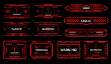 HUD Danger And Alert Attention Red Interface Signs. Vector Warning Messages And Caution Text Boxes Of Sci Fi Game Ui Or Gui, Head Up Display Futuristic Hologram Pop Up Windows With Exclamation Symbols