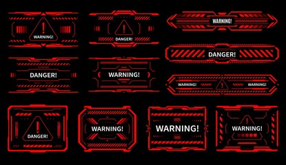 Leinwandbilder - HUD danger and alert attention red interface signs. Vector warning messages and caution text boxes of Sci Fi game ui or gui, head up display futuristic hologram pop up windows with exclamation symbols