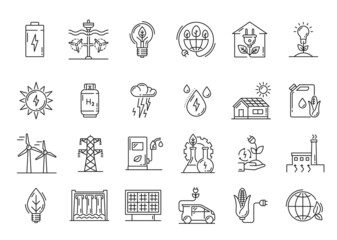 Sticker - Clean and green energy, environment technology icons. Renewable energy source, bio fuel and electrical transport outline vector icons, thin line symbols, hydrogen, sun and wind power station pictogram