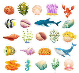 Wall Mural - Set of sea life underwater icons cartoon illustrations