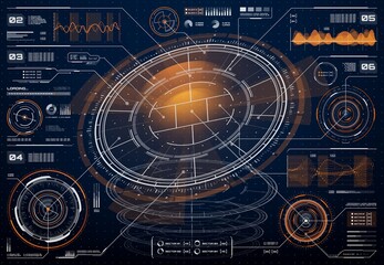 Wall Mural - HUD futuristic user digital screen interface, business technology infographics, big data analysis vector charts and graphs. Head up display dashboard panel with circular diagrams, info bars and boxes