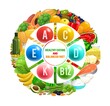 © Vector Tradition - Balanced diet chart. Healthy food with vitamins and minerals complex, vector infographics. Nutrition sources in organic natural food vegetables, fruits, nuts and cereals, meat or fish eating