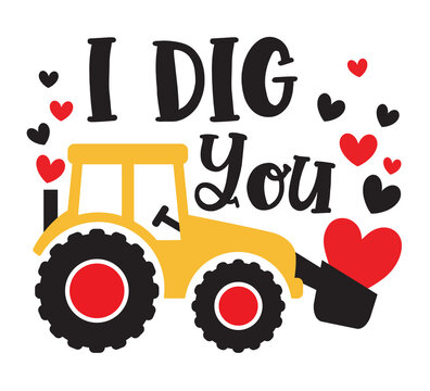 Fototapete - Kid Valentine’s Day cute construction tractor or bulldozer digging hearts vector illustration.