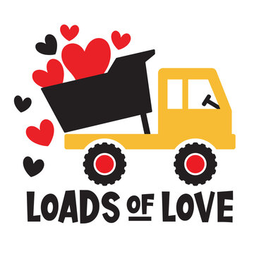 Fototapete - Cute kid Valentine’s day dump truck with loads of hearts vector illustration.