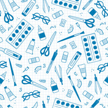 Doodle School Stuff And Stationery Seamless Pattern. Vector Background With Eraser, Paints, Scissors, Pencil Sharpener And Paintbrush, Glue, Paper Knife, Glasses, Compass And Pin On Checkered Page