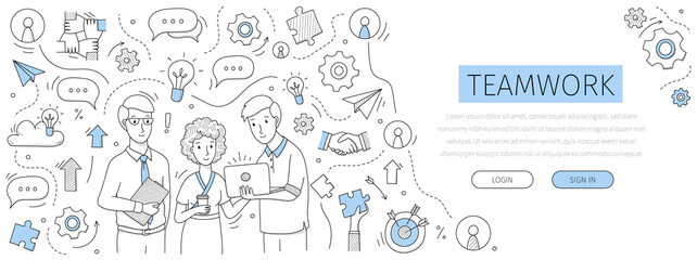 Teamwork landing page with doodle business people team and outline icons. Corporate employees discuss working issues, businessmen with laptop and woman holding coffee cup, Linear vector web banner