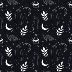 Wall Mural - vector seamless pattern on the theme of esotericism, witchcraft, magic, astrology. pattern in flat style with crystals, herbs, moons, planets. for printing on fabric, wrapping paper