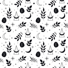 Wall Mural - vector seamless pattern on the theme of esotericism, witchcraft, magic, astrology. pattern in flat style with runes, herbs, moons, planets. for printing on fabric, wrapping paper