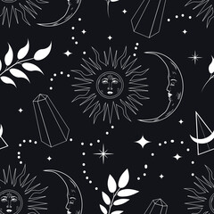 Wall Mural - vector seamless pattern on the theme of esotericism, witchcraft, magic, astrology. pattern in flat style with suns, crystals, herbs, moons, planets. for printing on fabric, wrapping paper