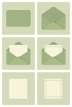 Vector Document Icon Set Of Envelop In Green Color. There Are Opened, Covered, Blank Page, Paper, Letter Icons. This Icon Can Use For Letter, Document, Massage, Greetings, Themes And Concept.