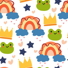 Seamless Pattern Cute Cartoon Frog With Cute Stuff. For Kids Wallpaper, Fabric Print, Gift Wrapping Paper