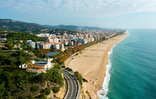 Aerial Panoramic View From Drone Of Calella City In El Maresme, Catalonia, Spain
