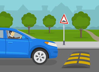 Safety car driving rules. Blue suv car is reaching the speed bump on the road. Speed hump ahead warning sign. Flat vector illustration template.