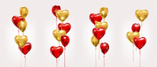 Red And Gold Foil Balloons. Vector Heart Shape Air Balloon Compositions Set. Valentine Day Or Birthday Party Decoration Elements.
