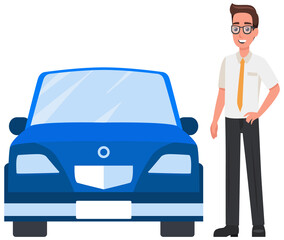 Wall Mural - Man in glasses standing near old car. Male character in suit with tie driving automobile. Business man next to his personal transport. Old car, vehicle and person isolated on white background